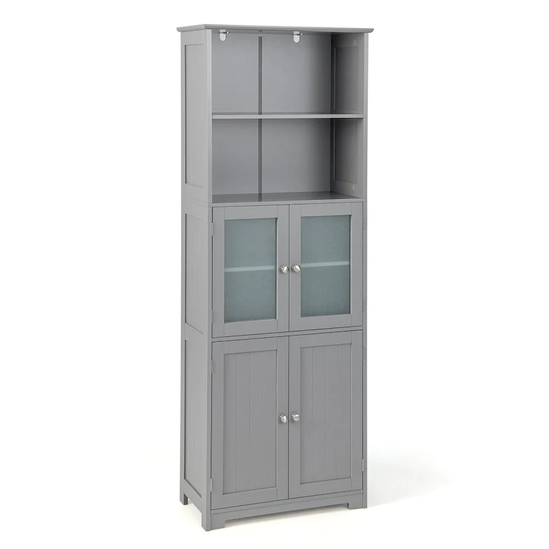 Gymax Bathroom Tall Storage Cabinet Linen Tower w/ Glass Door &