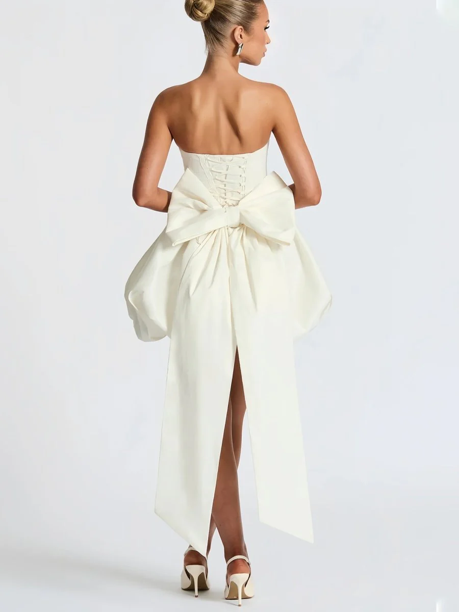 White - Strapless A Line Satin Short Homecoming Dress With Bow