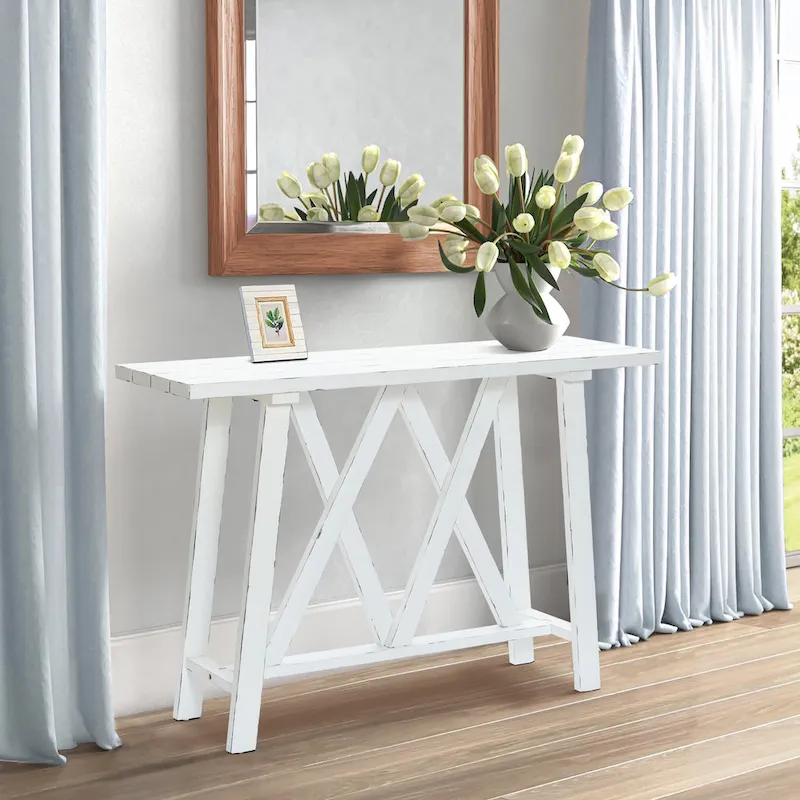 Farmhouse White Console Entry Table, 32.5H x 47.9W x 15D