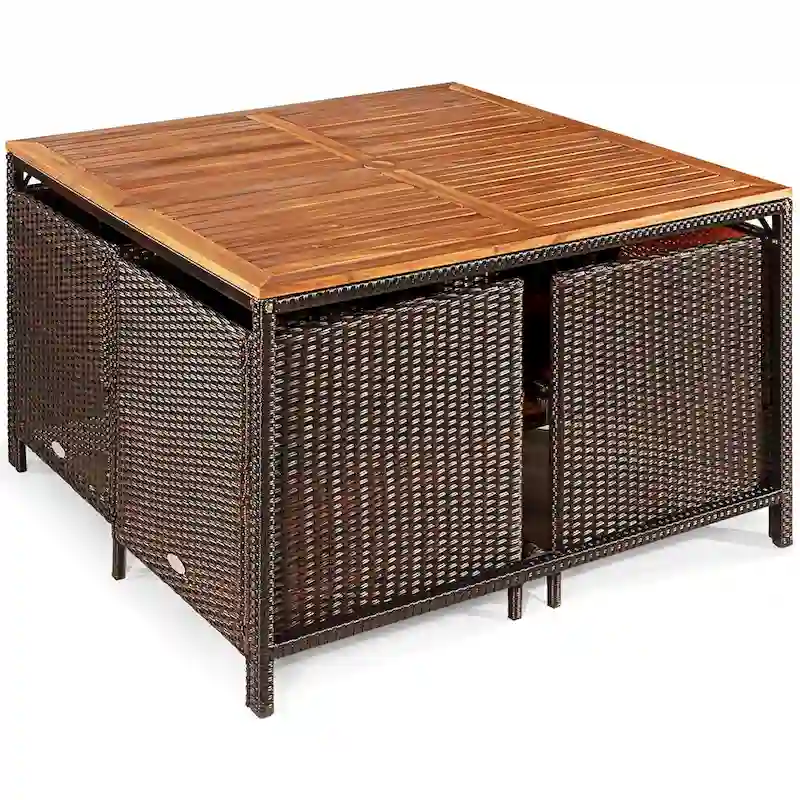 Costway 9PCS Patio Rattan Dining Set Cushioned Chairs Ottoman Wood - See Details