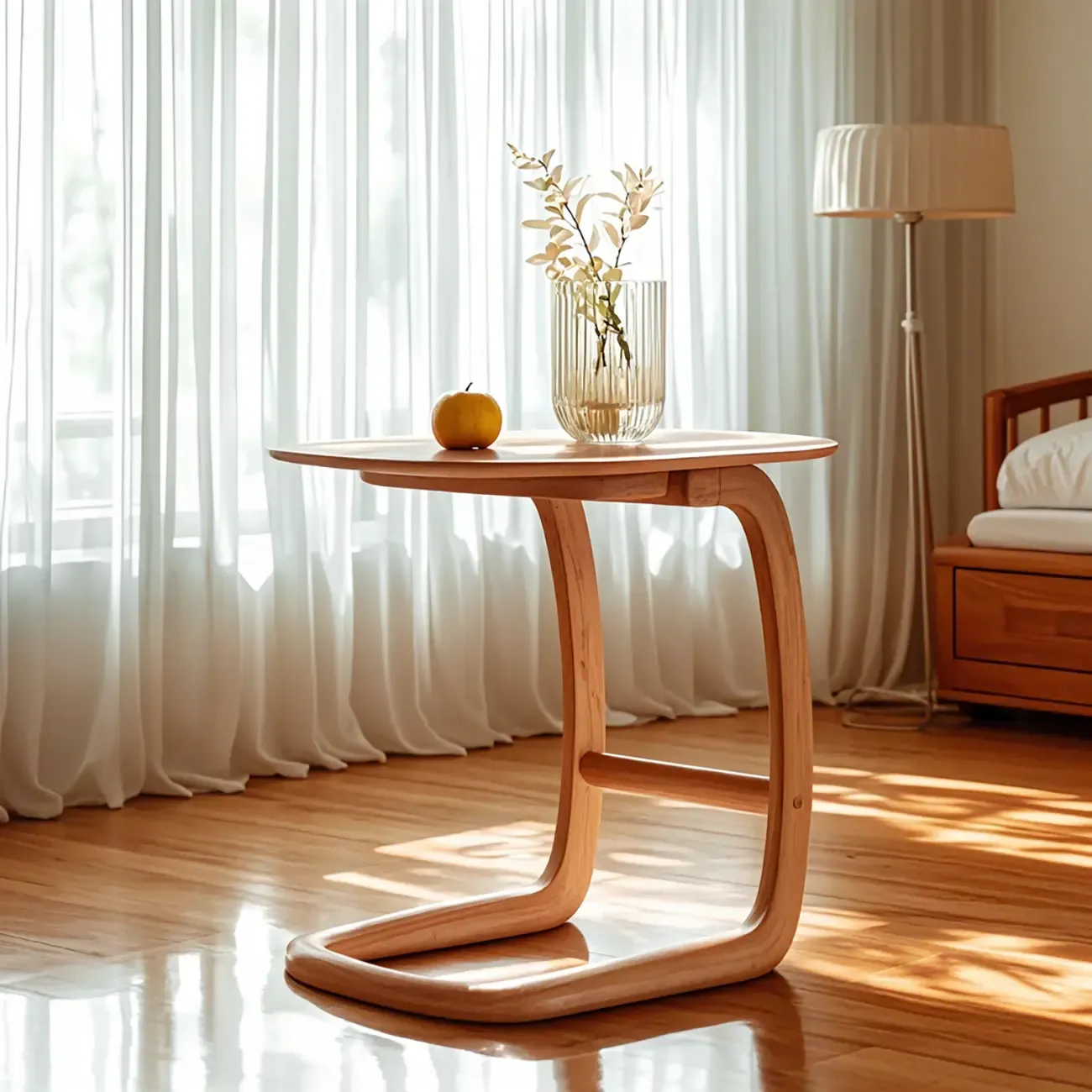 Elegant Solid Wood C-Shaped Side Table for Living Room