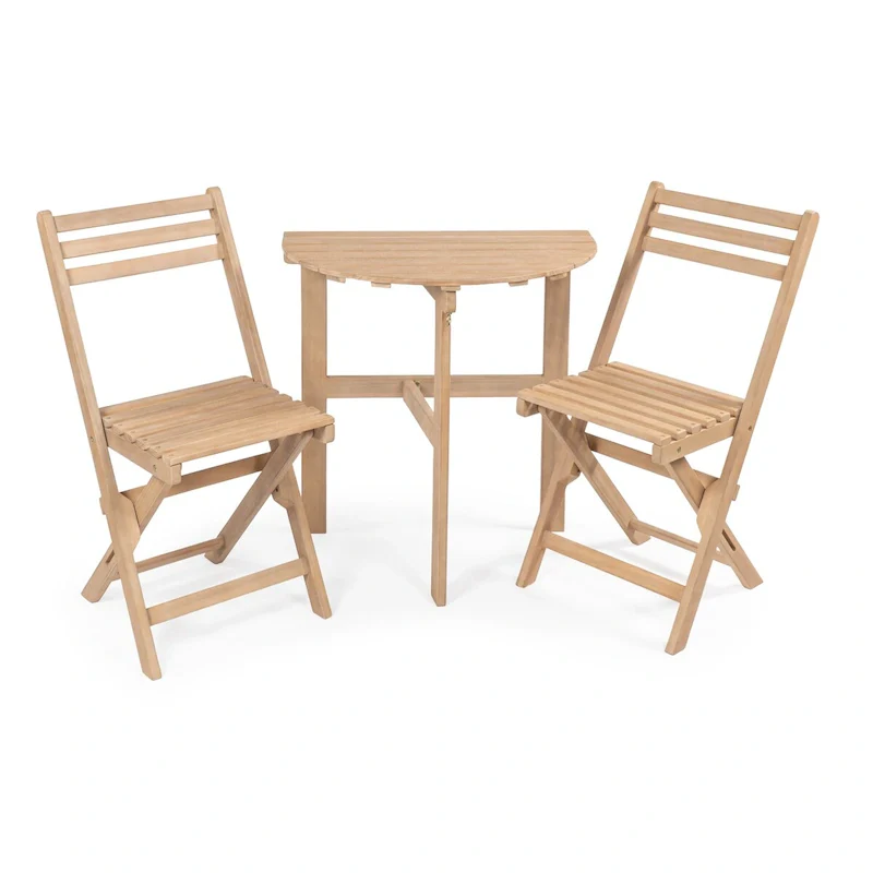 Nerja Classic French Country 3-Piece Acacia Wood Half-Round Outdoor Folding Bistro Set, Light Teak by JONATHAN Y