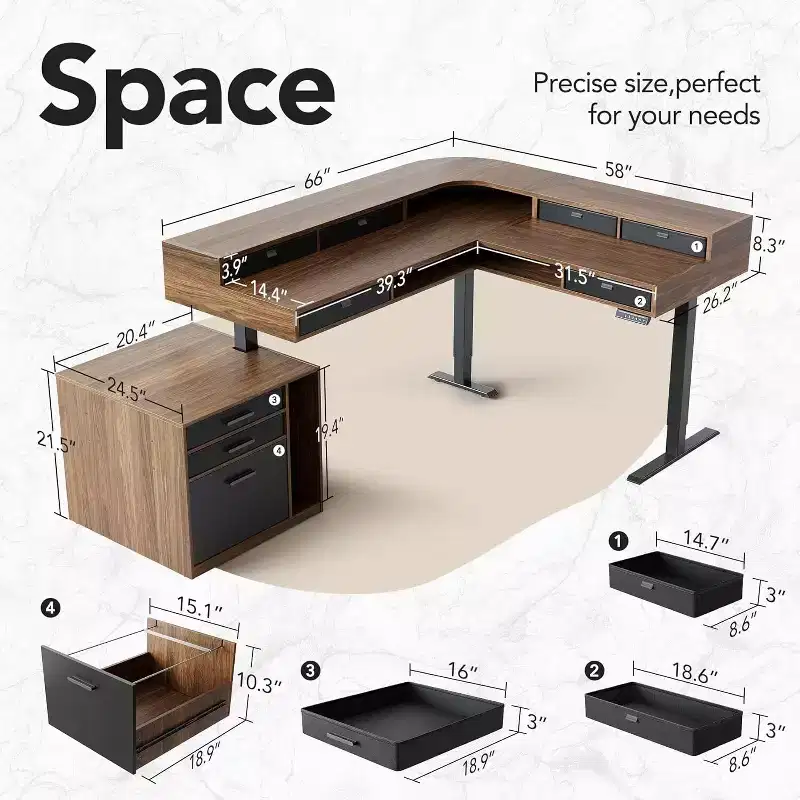 65.5 X 57.6 In Electric L Shaped Standing Desk with 6 Storage Drawers and File Cabinet, 2-Tier Corner Height-adjustable standing desk, Walnut