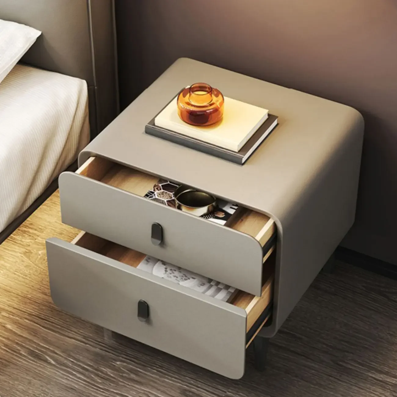 Freestanding Leather Arched Edge White Nightstand with Drawers