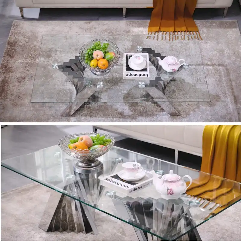 Modern Coffee Table Clear Tempered Glass Living Room Coffee Table with Geometric Base