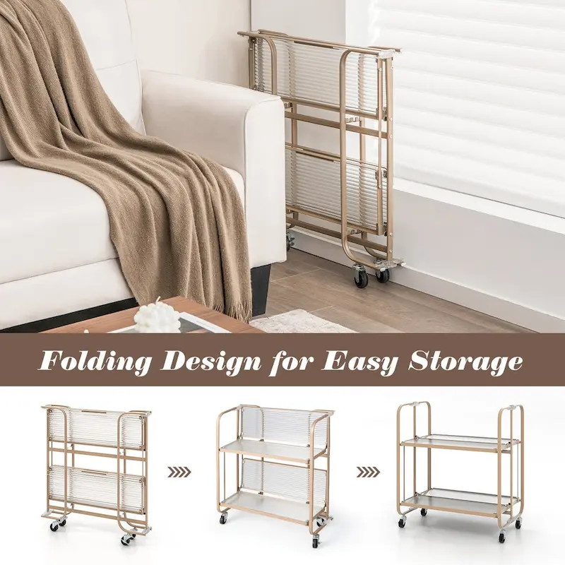 2-Tier Mobile Serving Cart with Tempered Glass Shelf-Golden - 26 x 16 x 28.5