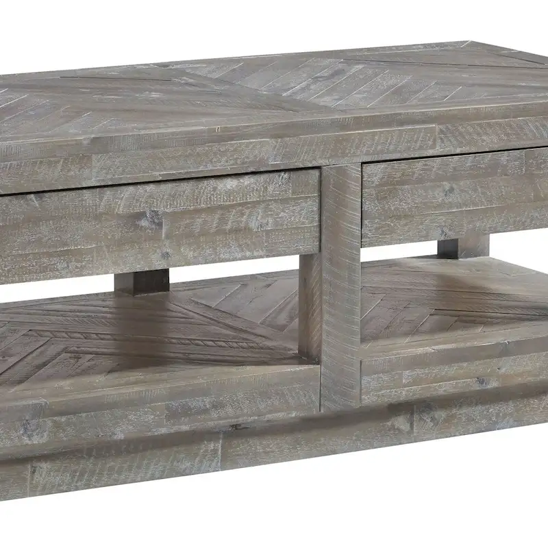 Two Drawer and Bottom Shelf Coffee Table with Flattened Base, Rustic Latte Gray