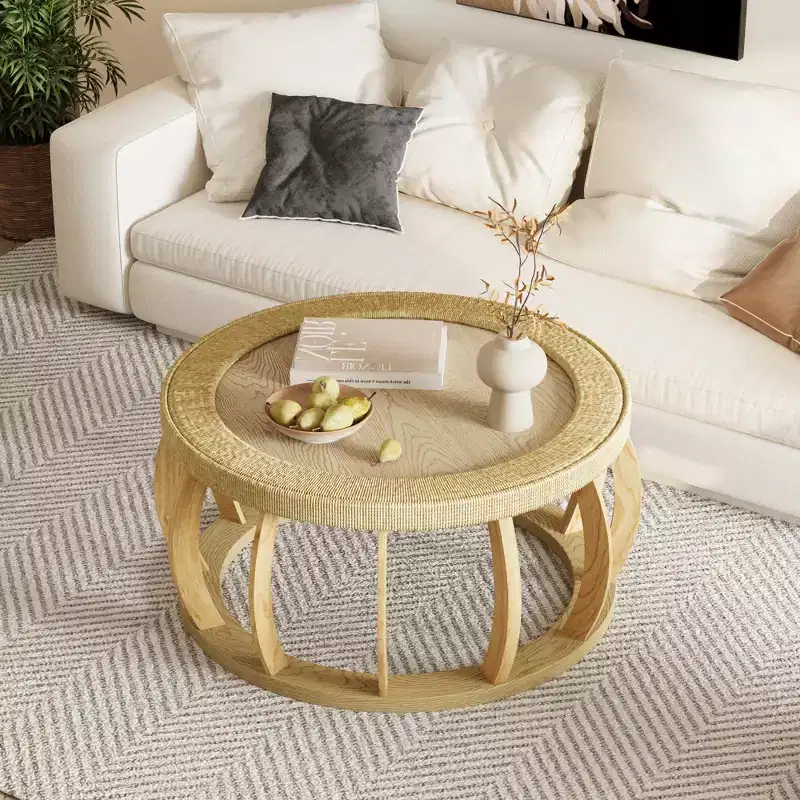 GDFStudio Olumide Bohemian Wooden Round Coffee Table with Curved Legs and Rattan Design