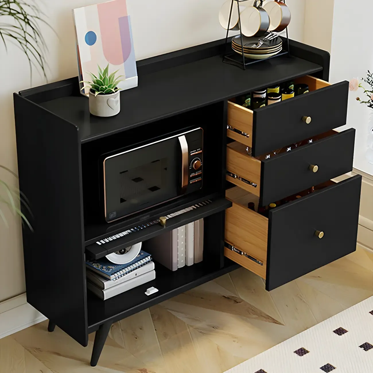 Modern Black Espresso Sideboard with Cabinets & Drawers