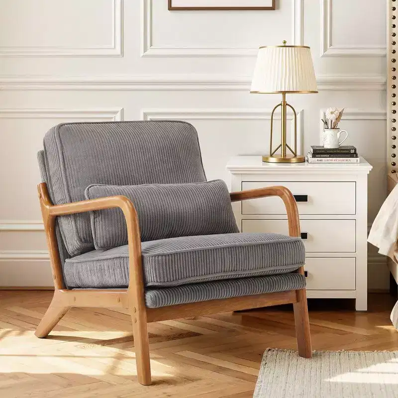 Karl Home 2Pcs Mid Century Solid Wood Accent Chair Upholstered Armchair with an Extra Pillow