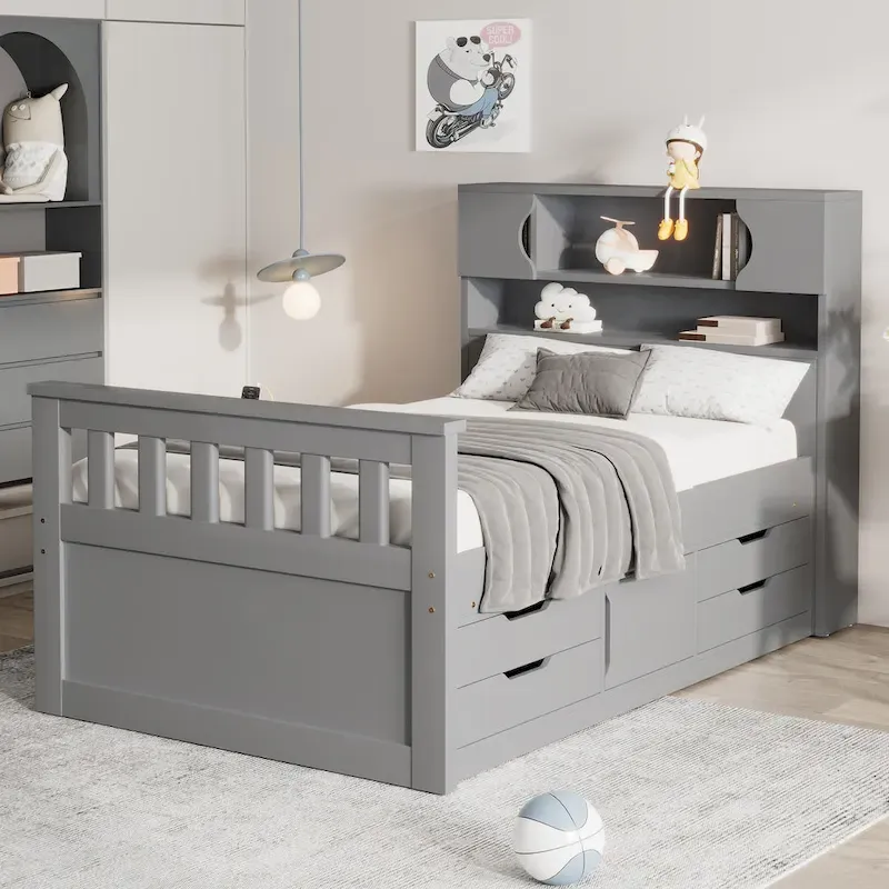 Gray Twin Size Captain Platform Bed with Four Drawers, Storage Bookcases and Shelves