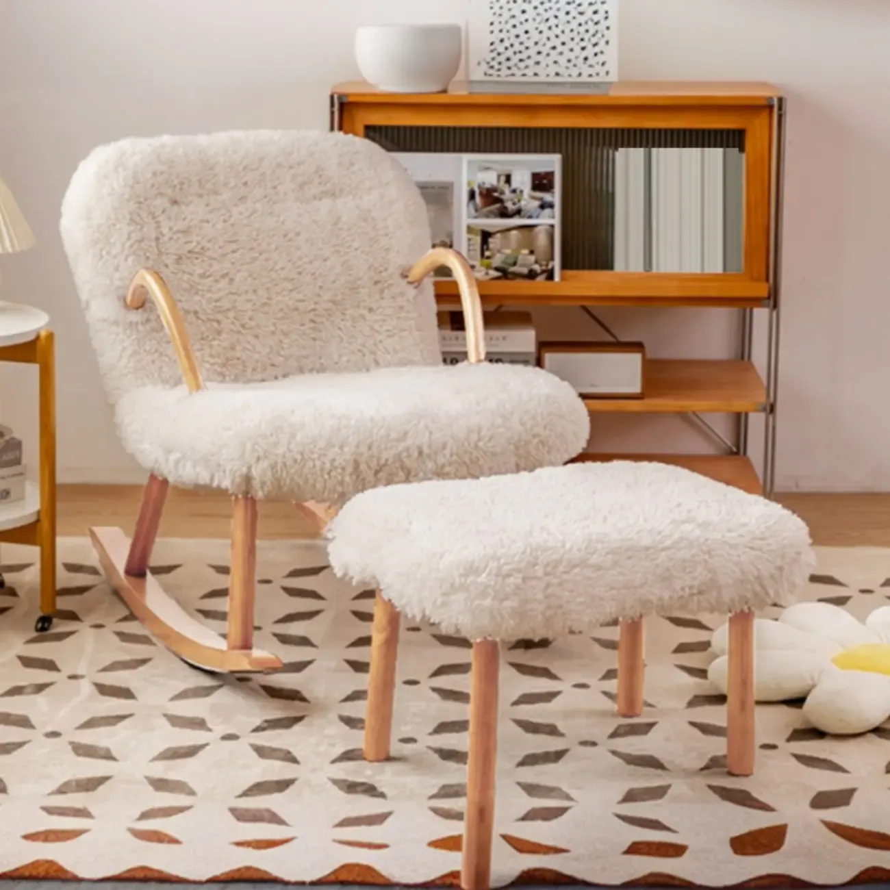 Stationary Solid Wood Rocking Chair with Ottoman & Track Arms