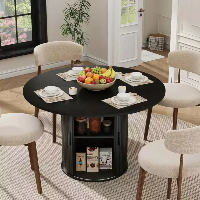 47 Round Dining Table with Hidden Storage, Pedestal Kitchen Table for 4-6 People, Space-Saving Dining Table