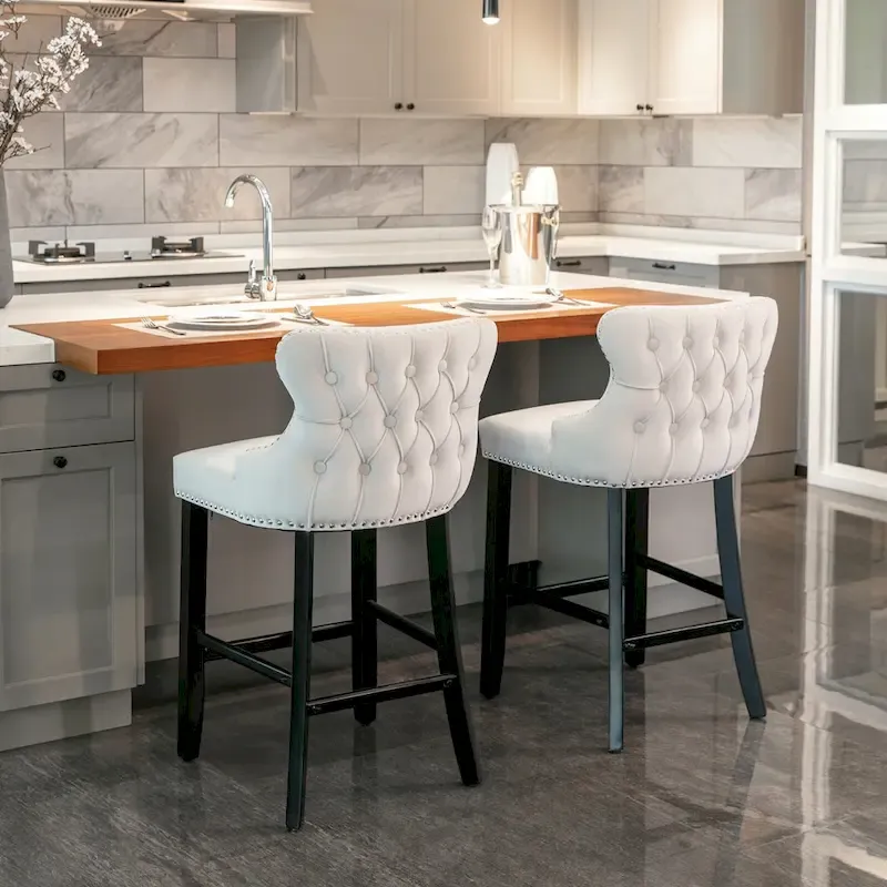 Velvet Wing-Back Barstools with Button Tufting – Set of 2