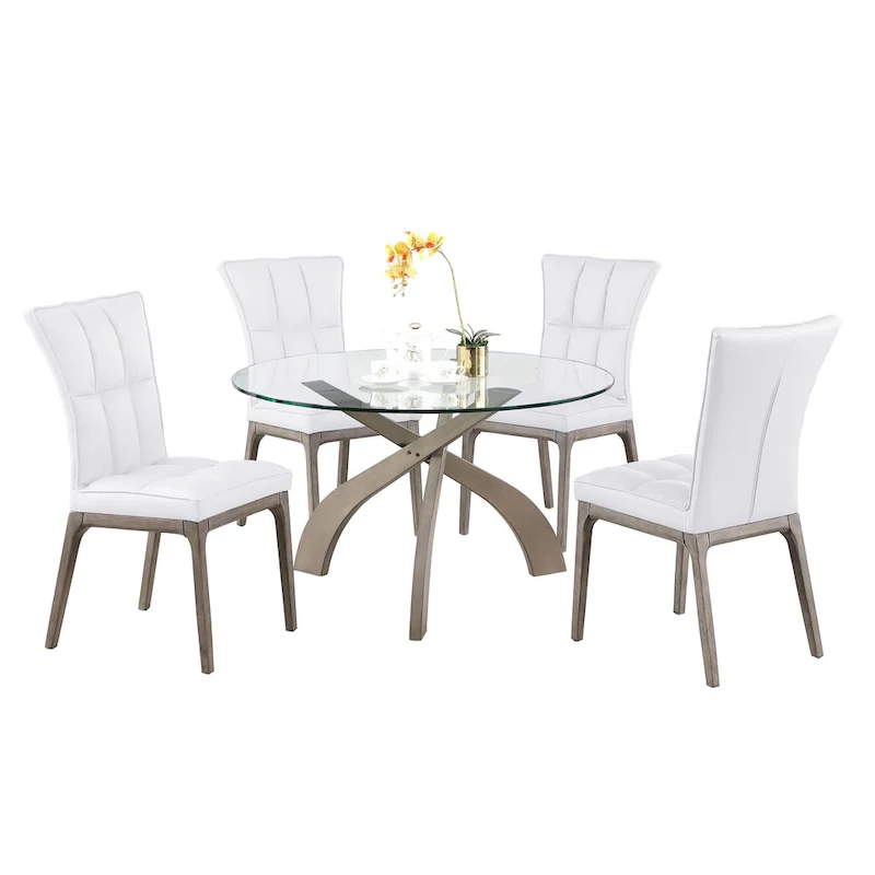 White 5-Seat Round Glass Dining Set, Criss-Cross Style