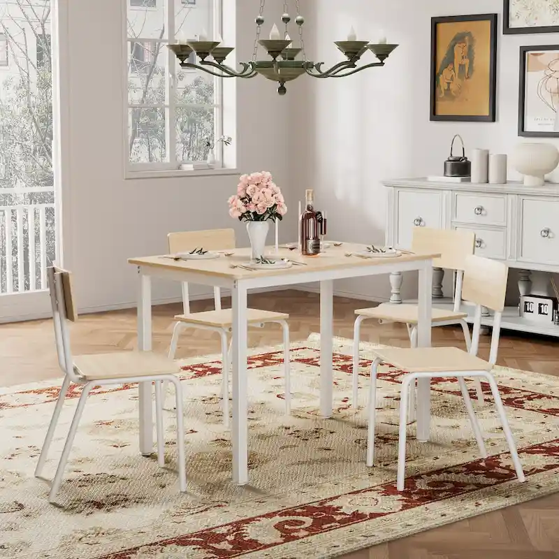 Kitchen Dining Table Set Metal Frame Breakfast Table with 4 Dining Chairs Modern Casual Dining Table Set 5-Piece Dining Set