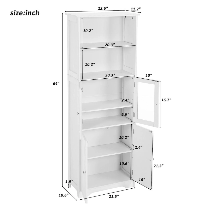 Tall Storage Cabinet with Shelves and Doors for Bathroom