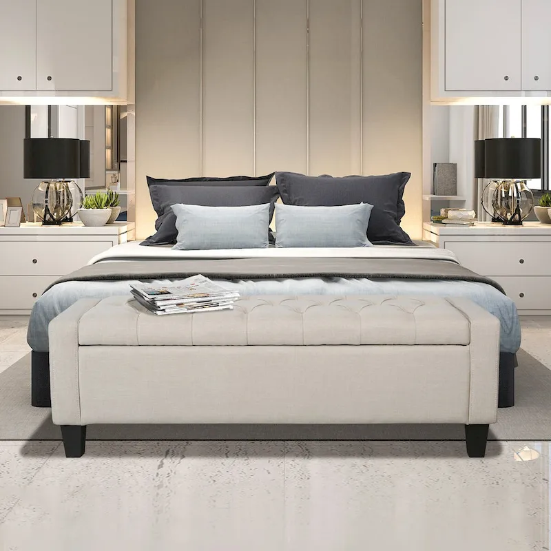 Button Tufted Fabric Storage Bench – Beige / Grey / Dark Grey, 2-Seat