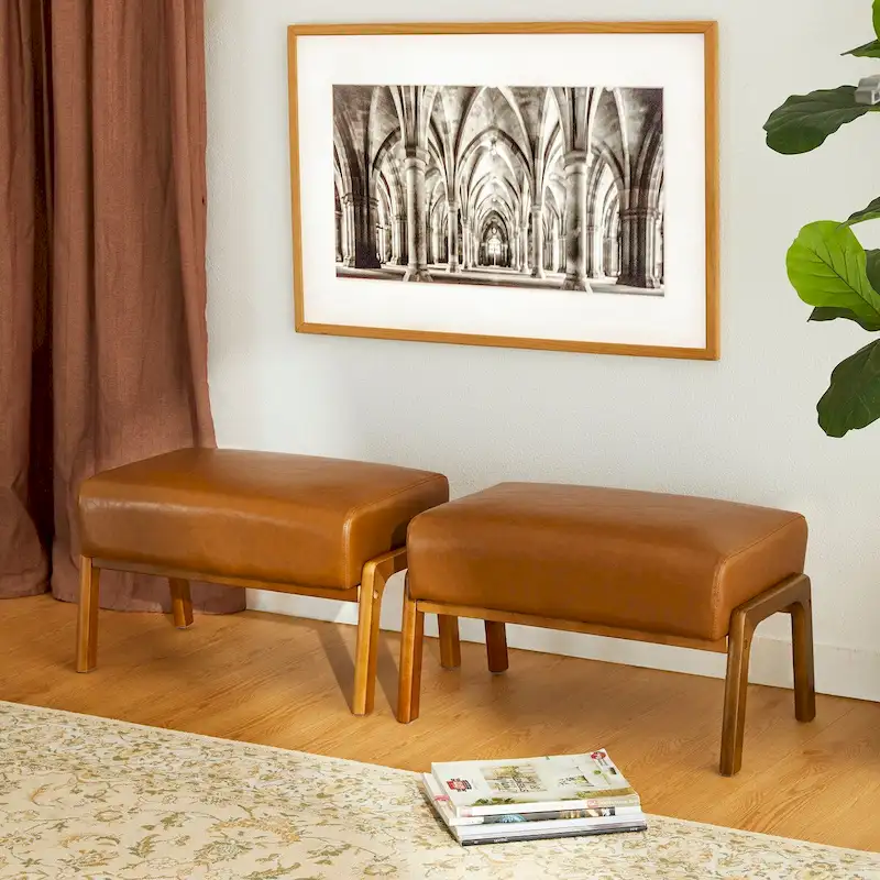 Brown Mid-Century Faux Leather Ottoman Accent Stool, Set of 2
