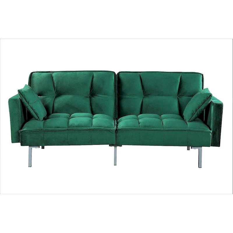 Convertible sofa bed, velvet pull-out sofa, medieval-style tufted design, metal legs.