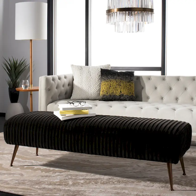 Velvet Upholstered Bench, Multi-Color, Antique Brass/Black Legs, Seats 1-2