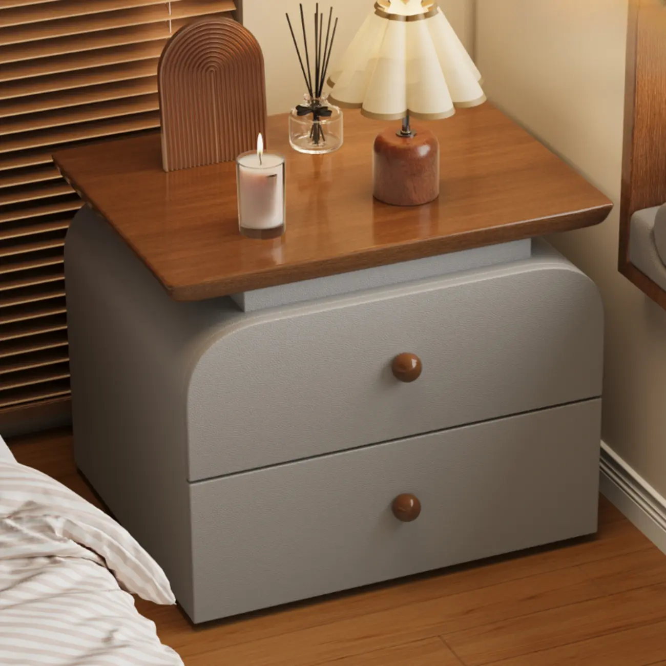 Faux Leather Modern Nightstand Wood Countertop