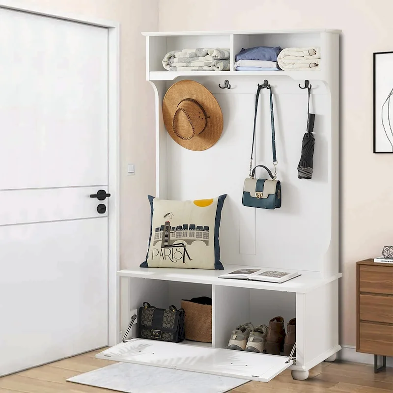 Gray / White Freestanding Hall Tree with Bench, Hooks & Cabinet – 1-Person