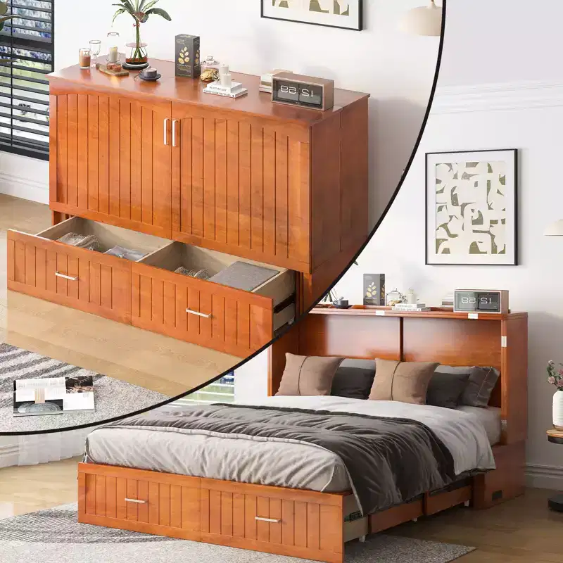 Mjkone Murphy Cabinet Bed, Queen Murphy Bed with Tri-Folding Mattress and Charging Ports, Drawer