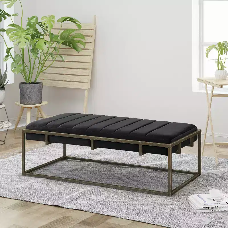 EHMKNP Upholstered Velvet Ottoman Bench with Brass Finish, Black