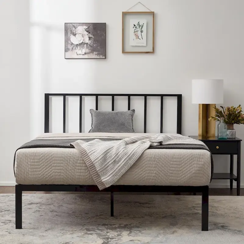 Metal Platform Bed with Vertical Bar Headboard – Black / Gold / White / Grey – Twin / Full / Queen / King – 1 Person