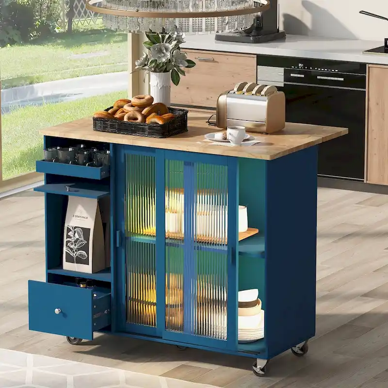 44 in. W Kitchen Island Rubber Wood Drop-Leaf Countertop on 5 Wheels with an Adjustable Shelf and 2 Drawers - 44