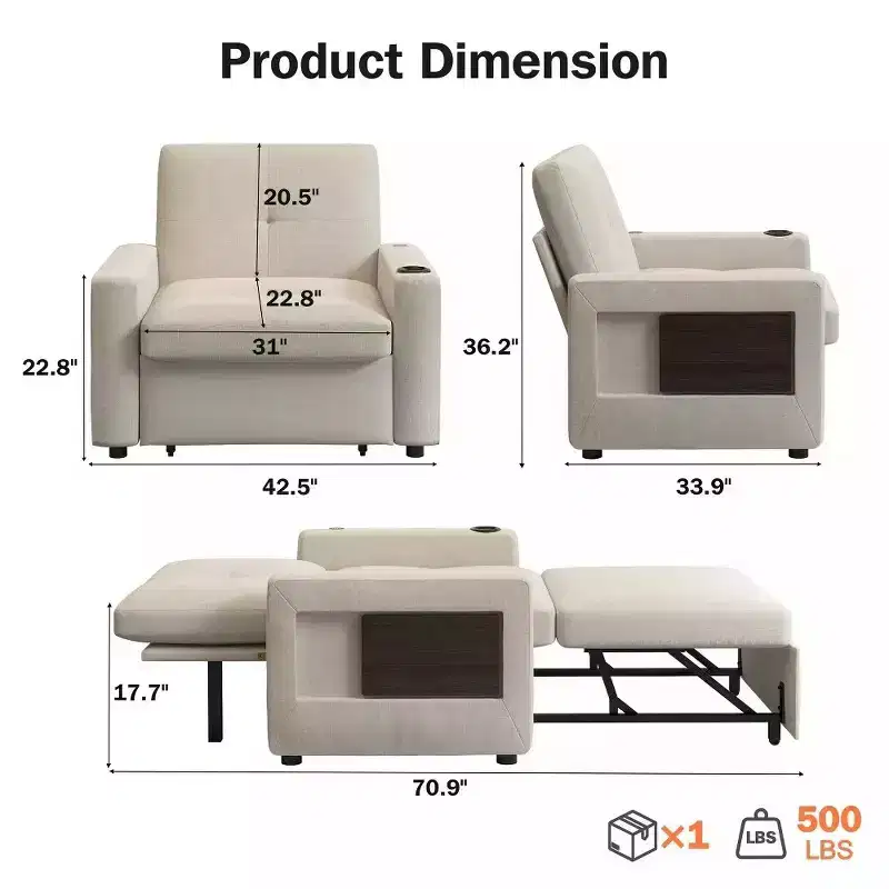 Dyonery 42.5 3-in-1 Convertible Sleeper Chair Bed - Pull Out Reclining Sofa Bed with Adjustable Backrest, USB Charging Ports, Cup Holder