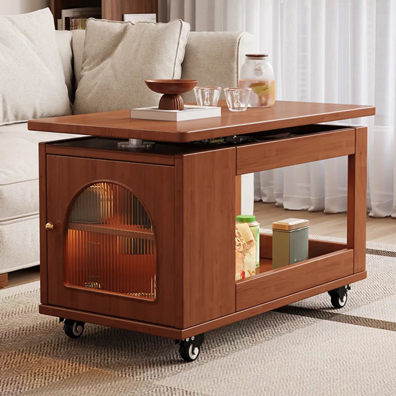 Adjustable Swivel Top Walnut Wood Wheel Side Table