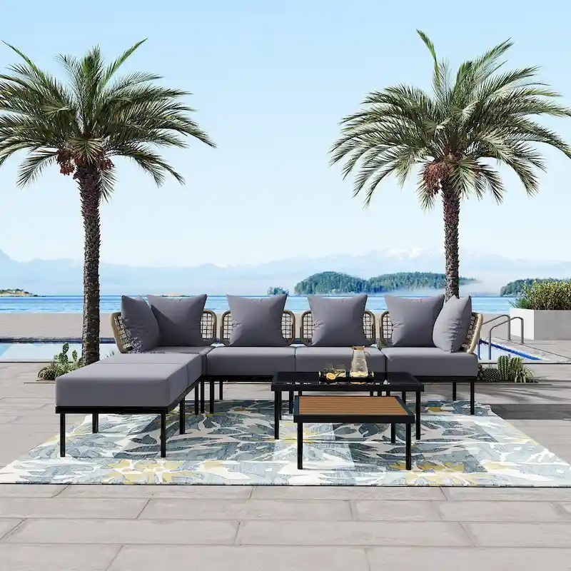 Outdoor 8-Piece Iron Modular Sectional Sofa Set with Glass & Wood Tables