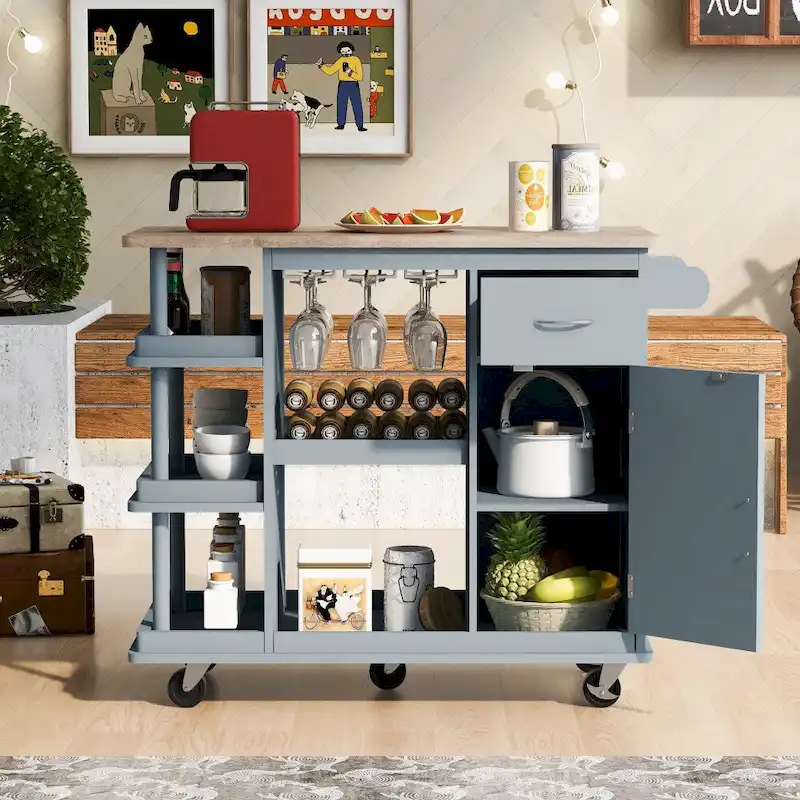 Rubber Wood Kitchen Cart with Adjustable Shelves and Wine Rack
