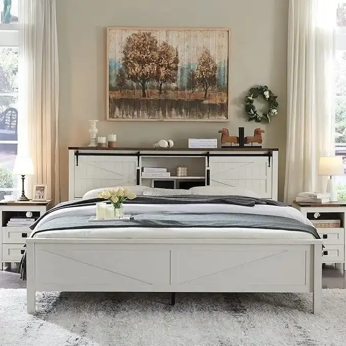 Farmhouse King Size Bed Frame with Storage Shelves & Charging Station