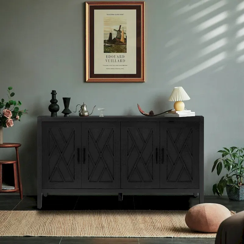 Black & Dark Walnut / Antique Gray 59.8in Vintage 4-Door Storage Cabinet