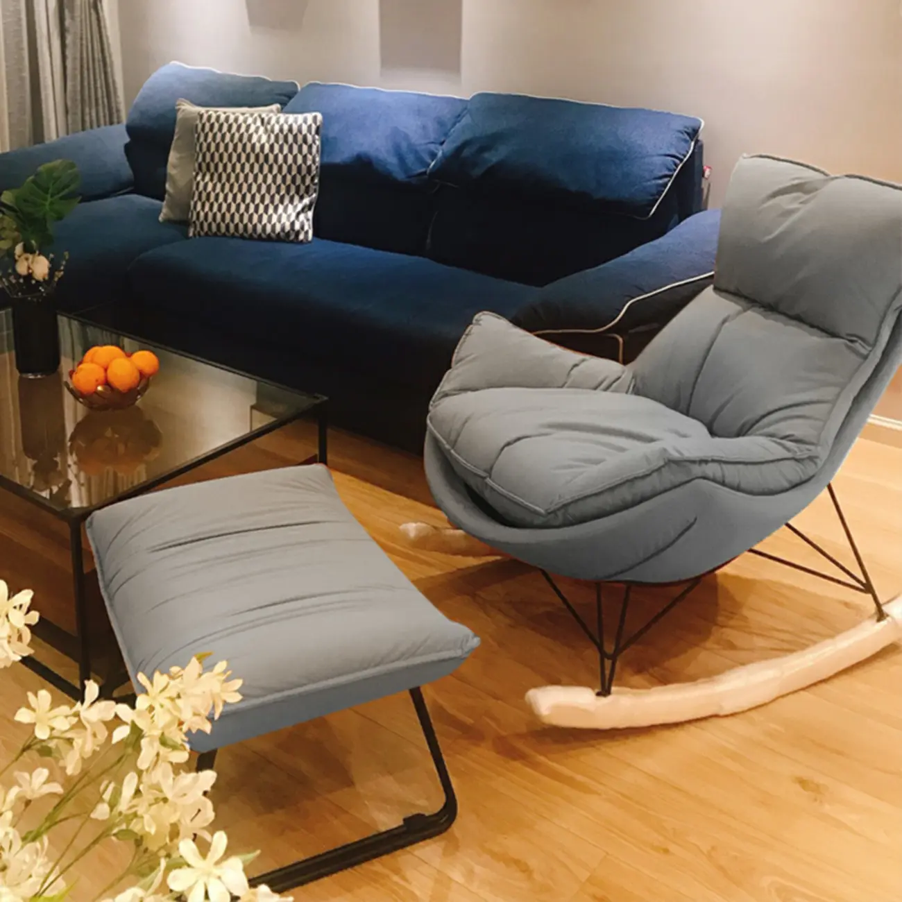 Mid Century Modern Upholstered Rocking Chair with Ottoman