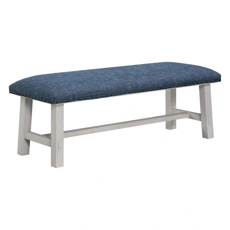 Callen Bench with White Wash Frame and Antique Bronze Nailhead Trim in Navy Fabric