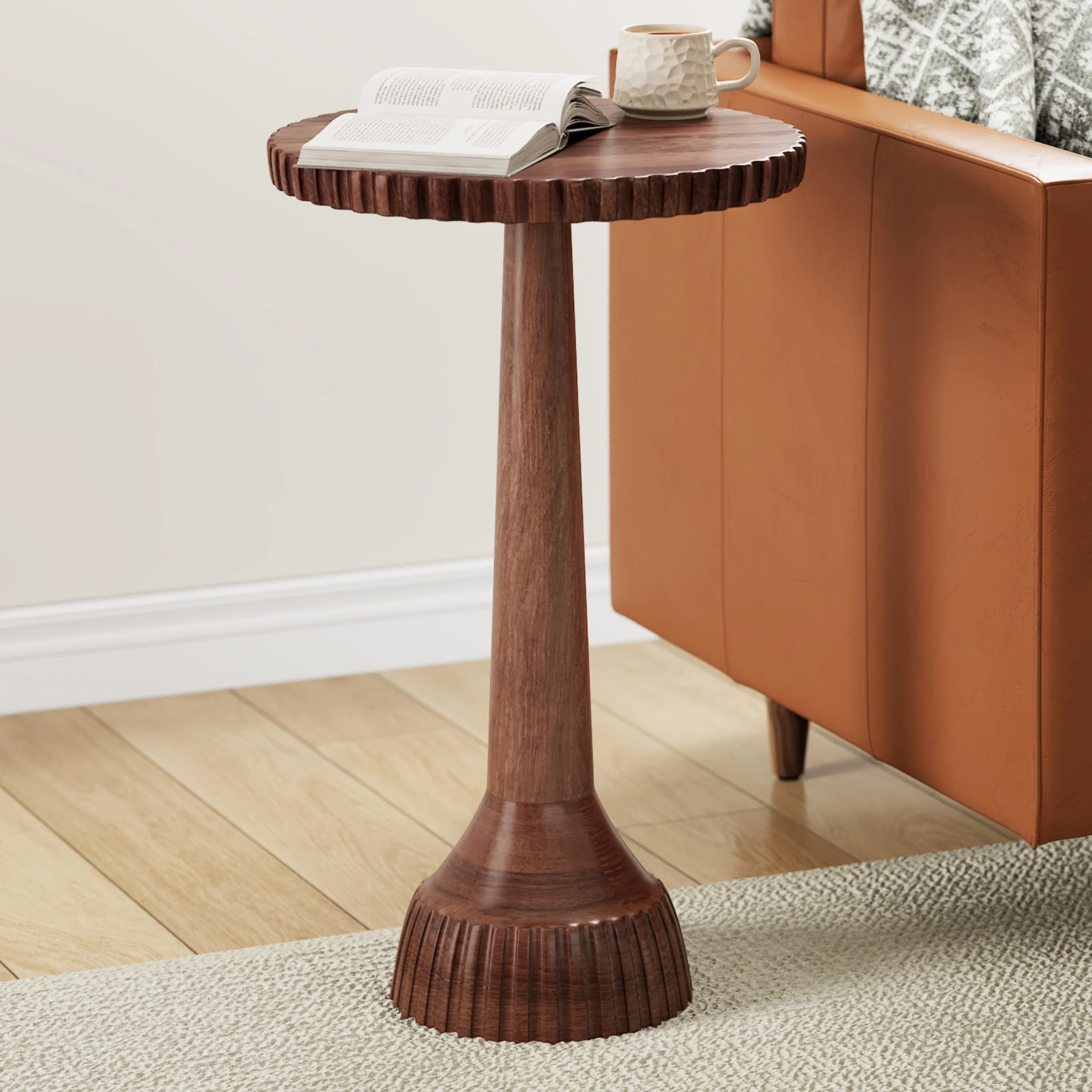 Modern Solid Mango Wood Pedestal End Table, Fully Assembled