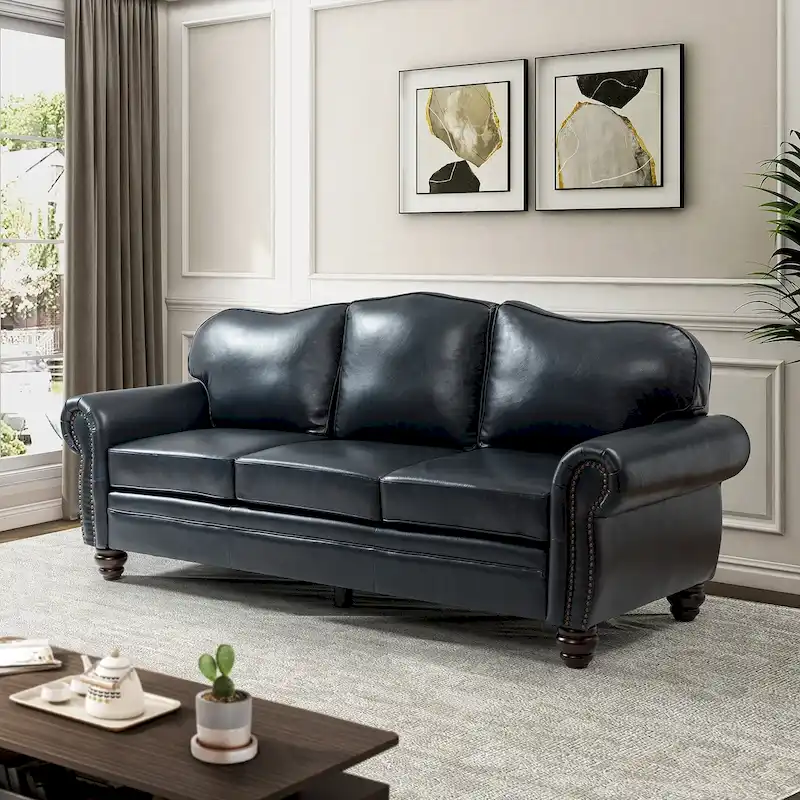 Balvino 81 Wide Transitional Genuine Leather Rolled Arm Sofa with Nailhead Trim and Removable Cushions