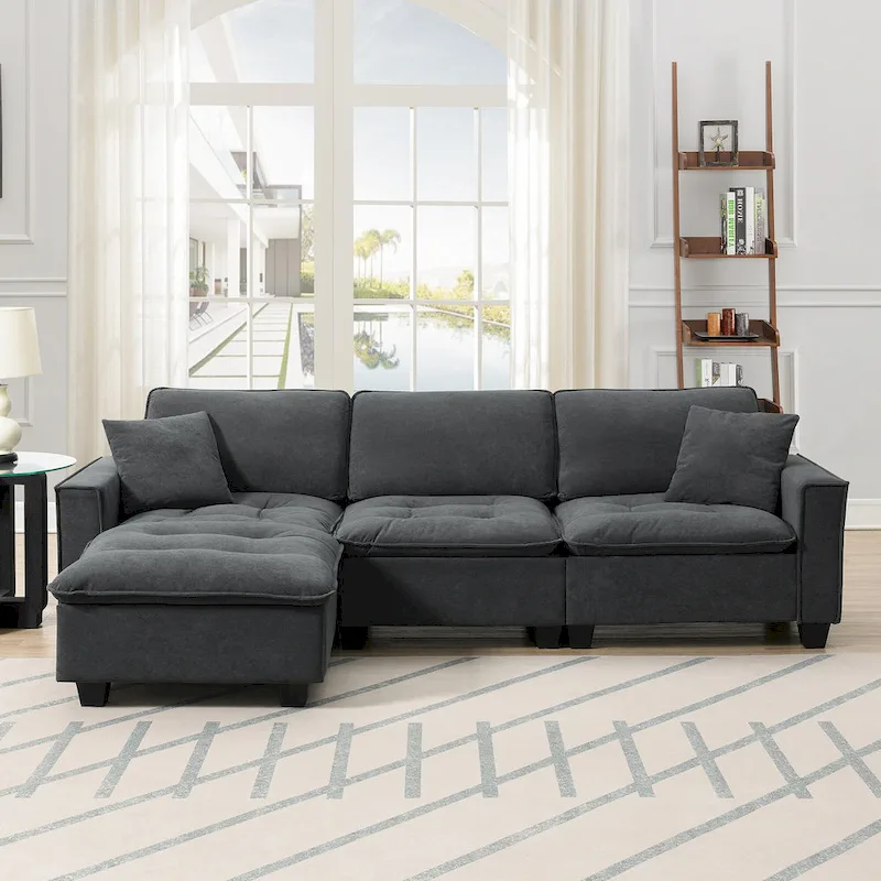 100 L-Shaped Convertible 4 Seater Sectional Sofa with Removable Ottoman and Matching Pillows, Suede Velvet Upholstery