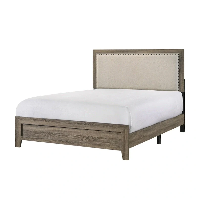 Grey Finish Fabric Upholstered Headboard Tufted Nailhead Trim 1pc Queen Size Panel Bed Beautiful Wooden Bedroom Furniture