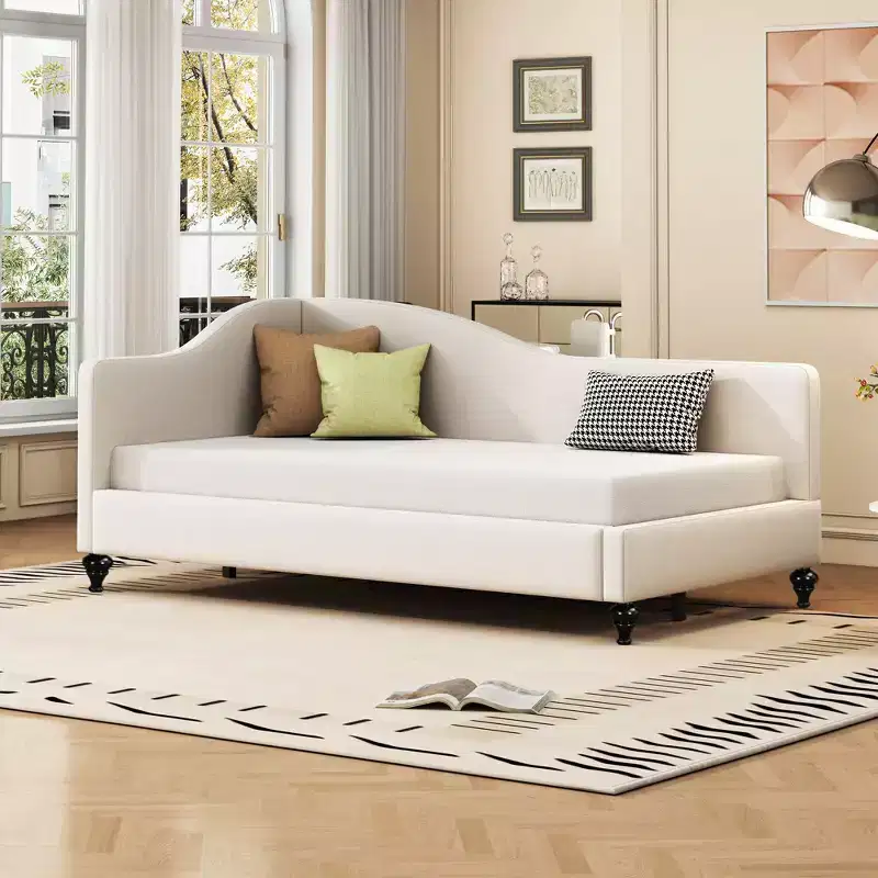 Okak Twin/Full Size Linen Daybed with L-Shaped Upholstered Bed Sofa Bed Frame with Solid Wood Legs Easy to Assemble