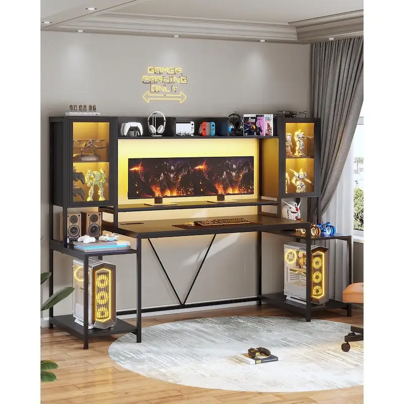 Gaming Desk LED Lights Hutch and Storage Shelves Glass Display Cabinet