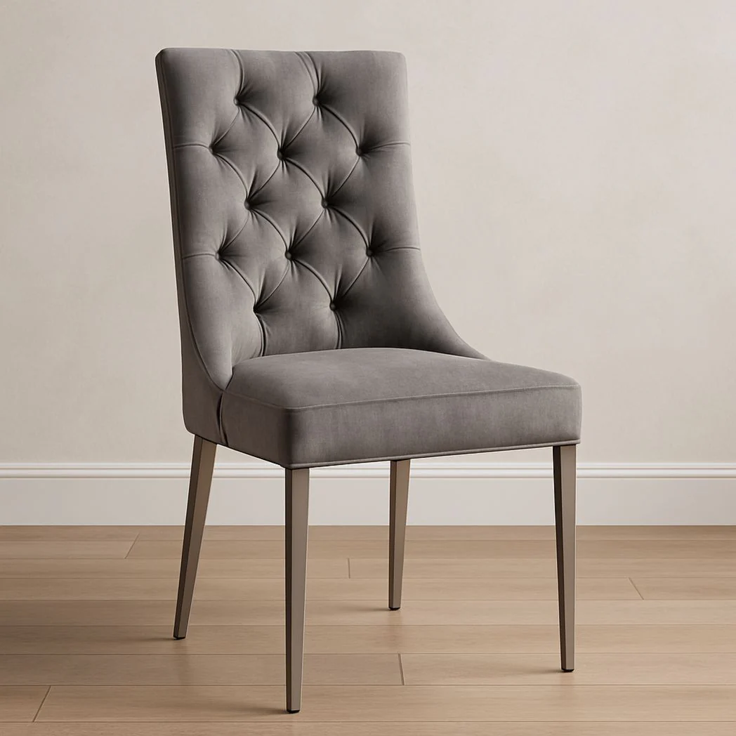 Chaise capitonnée en velours polyester gris structure en métal hauteur 95 cm