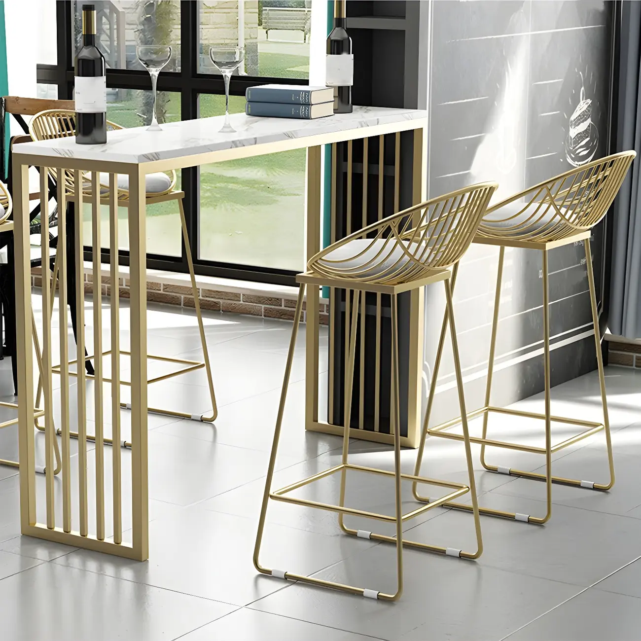 Glam White Faux Marble Gold Rail Metal Base Bar Tables