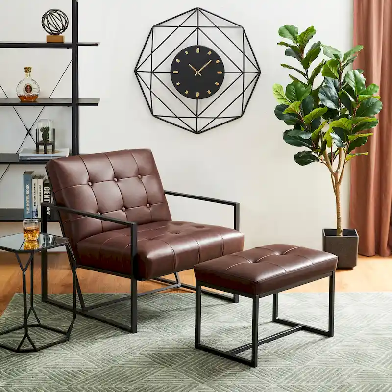 Glitzhome Modern PU Leather Tufted Accent Chair with Ottoman Set