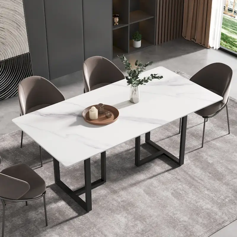 71 White Marble Dining Table for 6-8,Rectangular Tabletop and Triangular Carbon Steel Legs