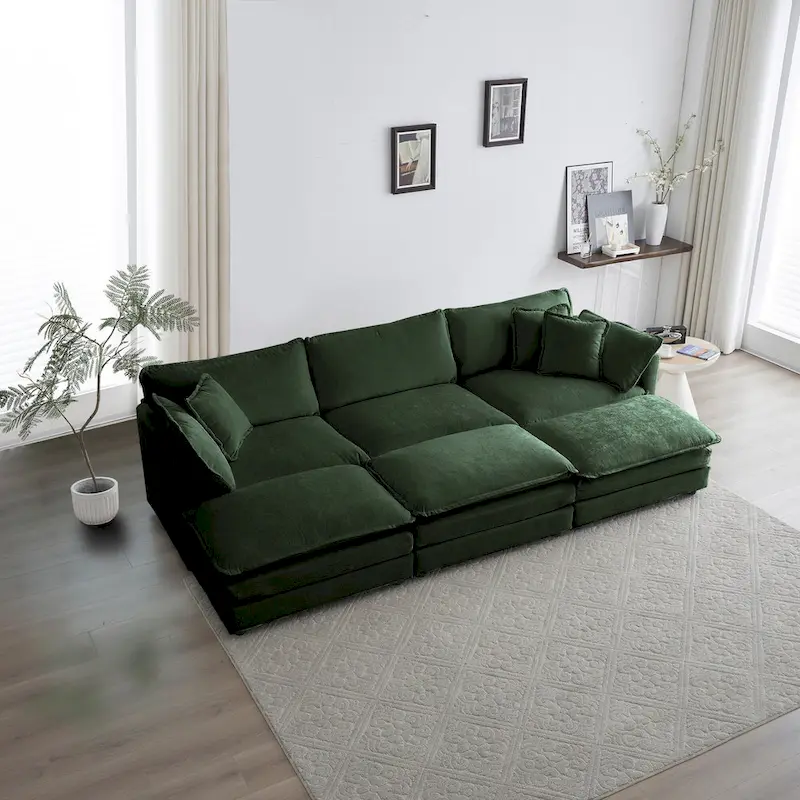 Green 6-Seater U-Shape Sectional Sofa with 3 Ottomans and Pillows
